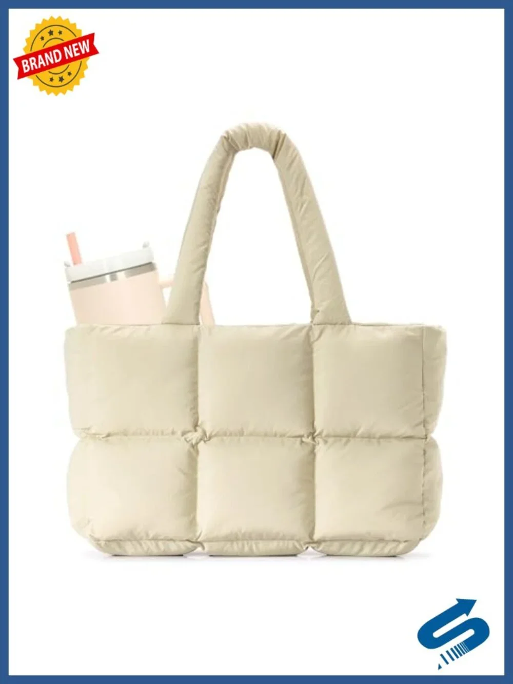 Large Quilted Puffer Tote Bag with Cup Holder for Women, Lightweight Satchel
